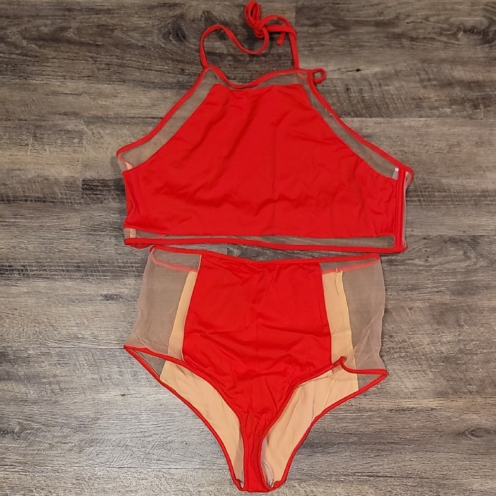 New!!! ASOS Red and Tan 2-Piece Bikini with Halter Neck and High Waisted Design